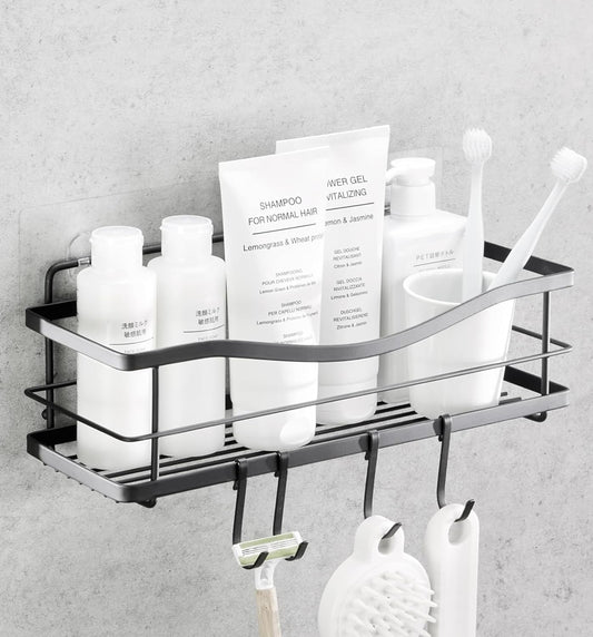 Shower Shelf - Self Adhesive Shower Caddy with 4 Hooks - No Drill Large Capacity Stainless Steel Rack - Aesthetic Organizer for Bathroom Wall Decor - Matte Black